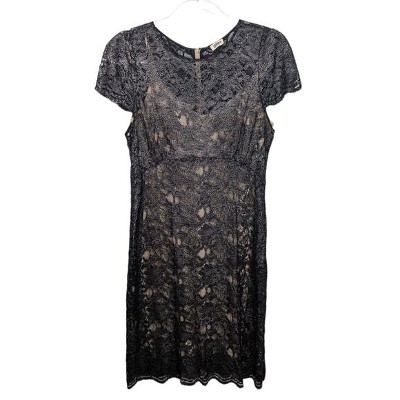 L’Agence Sheer Black Silver Lace Sheath Dress w/ Tan Silk Slip Short Sleeve 10 - Picture 1 of 11